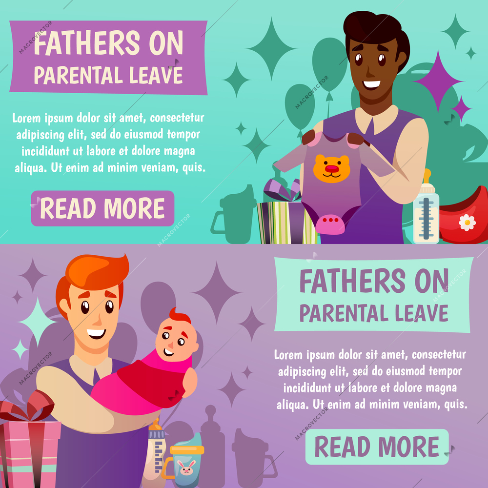 Set of horizontal orthogonal banners with happy fathers and baby during parental leave isolated vector illustration