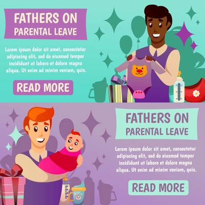 Set of horizontal orthogonal banners with happy fathers and baby during parental leave isolated vector illustration