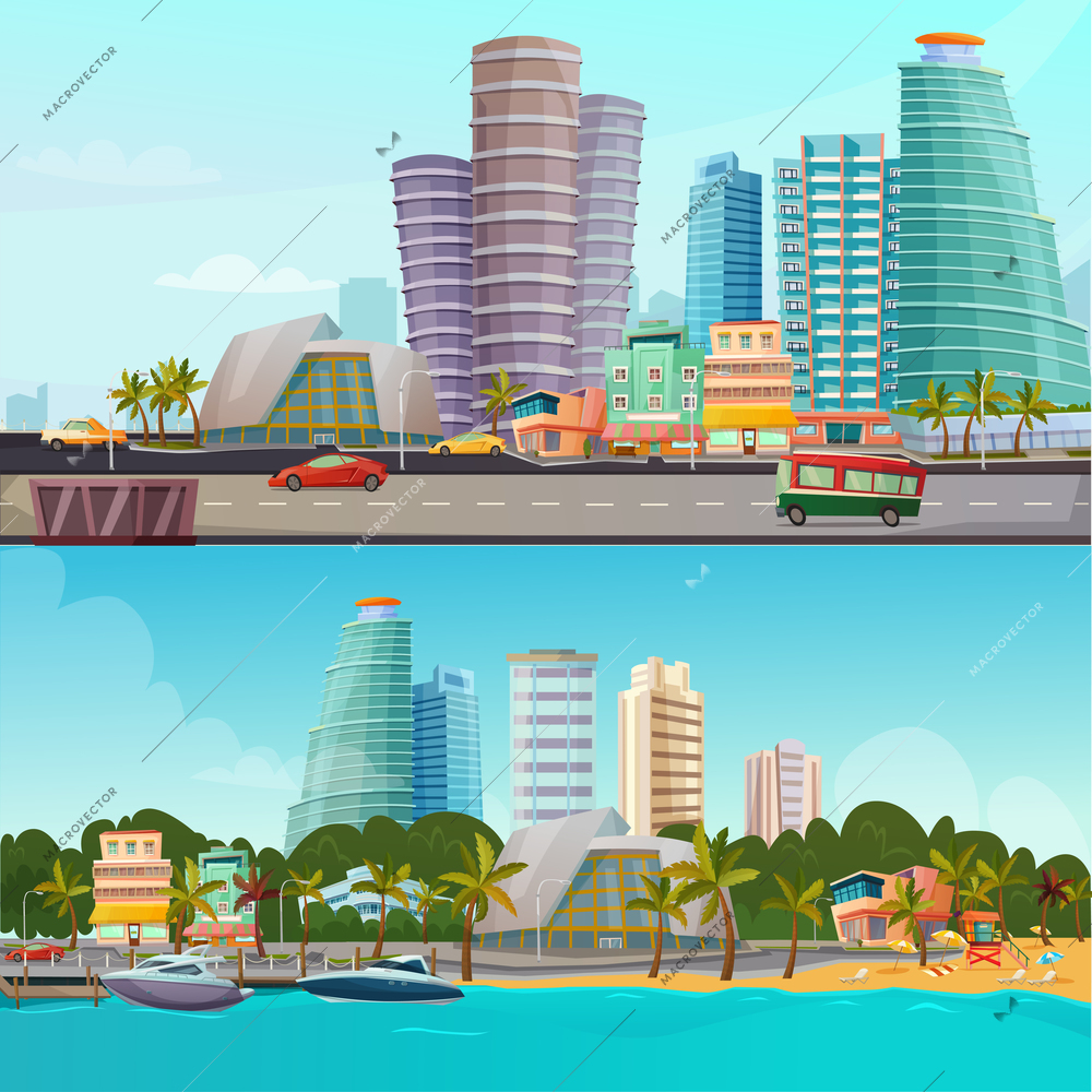 Miami waterfront houses skyline 2 retro cartoon banners set with famous city landmarks towers isolated vector illustration