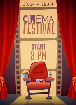 Cinema festival vertical poster with curtain, armchair with food, 3d glasses on film strip background vector illustration