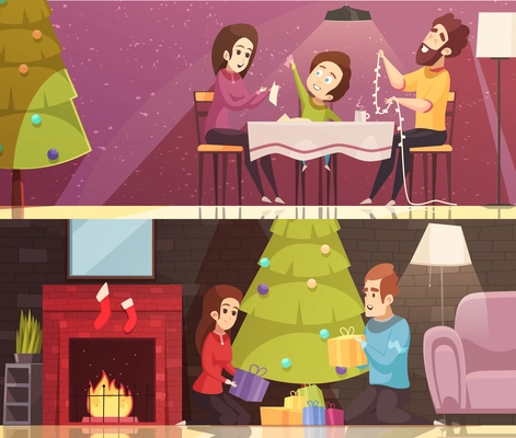 Horizontal cartoon banners set with people celebrating christmas at home isolated vector illustration