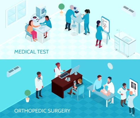 Medical help horizontal banners with doctors and nurses involved in testing and orthopedic surgery isometric vector illustration