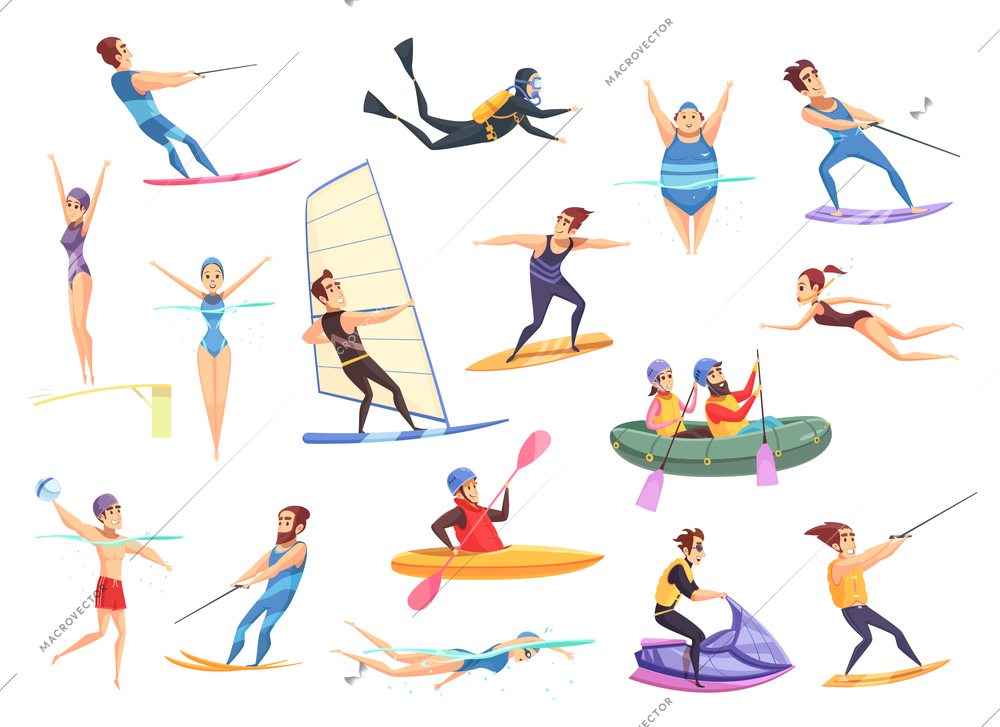 Cartoon set of male and female people doing various kinds of water sports isolated on white background vector illustration