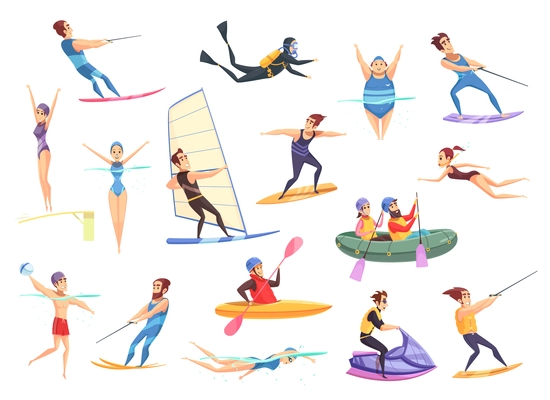 Cartoon set of male and female people doing various kinds of water sports isolated on white background vector illustration
