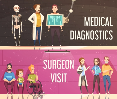 Cartoon horizontal banners set with people consulting orthopedist and surgeon isolated vector illustration