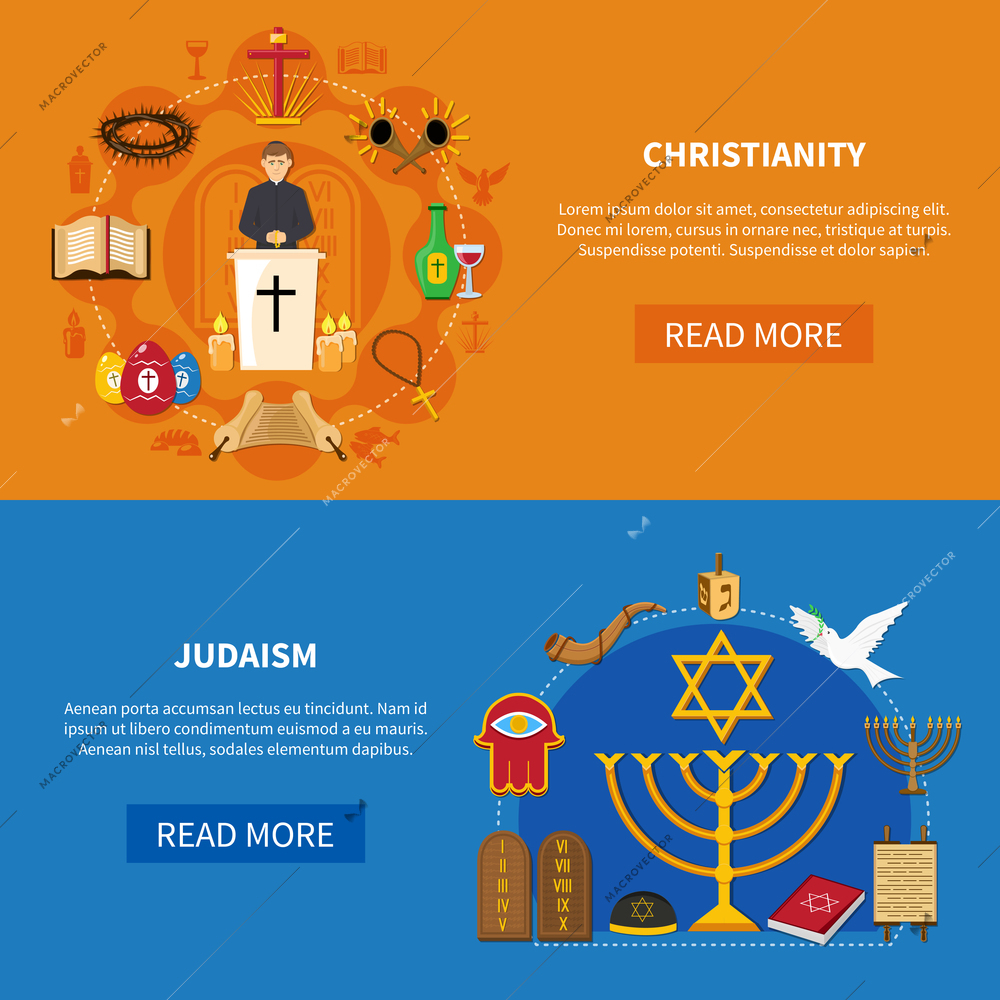 Two colored horizontal religions banner set with Christianity and Judaism descriptions and read more buttons vector illustration