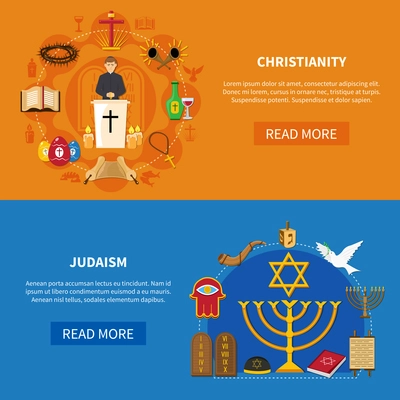 Two colored horizontal religions banner set with Christianity and Judaism descriptions and read more buttons vector illustration