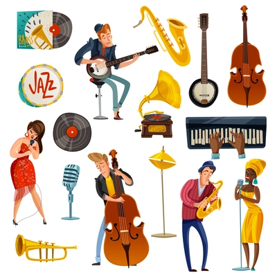 Jazz music cartoon set with singers in bright dresses, performers on sax, cello, banjo isolated vector illustration