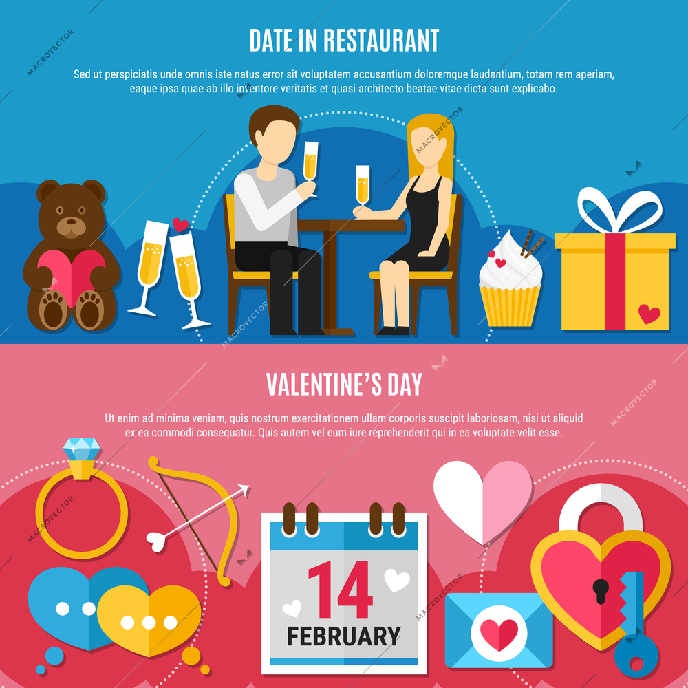 Two horizontal flat Valentines day banner set with date in restaurant and 14 February descriptions vector illustration