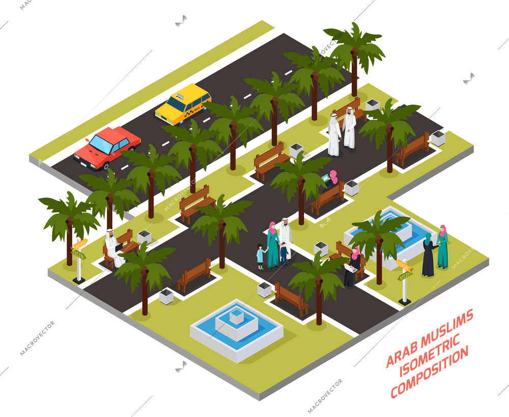 Arab muslims with family or friends in park with palm trees and fountains isometric composition vector illustration