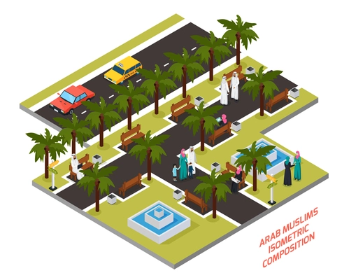 Arab muslims with family or friends in park with palm trees and fountains isometric composition vector illustration