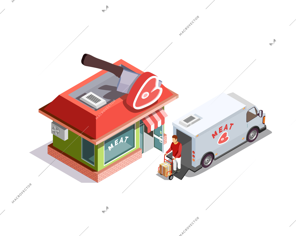 Butcher shop goods delivery isometric composition including person with merchandise near vehicle on white background vector illustration