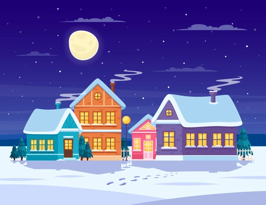 Winter landscape composition with snow and town at night flat vector illustration