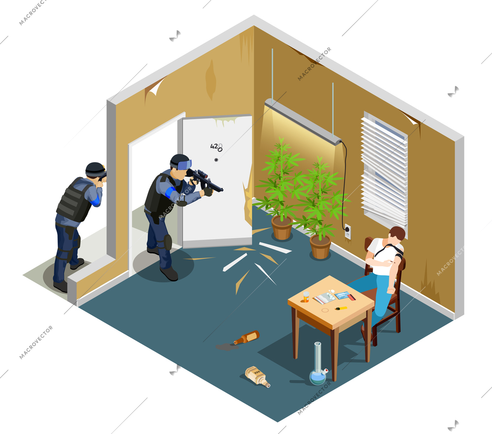 Detention of drug addict by police with gun during injection isometric composition with interior elements vector illustration