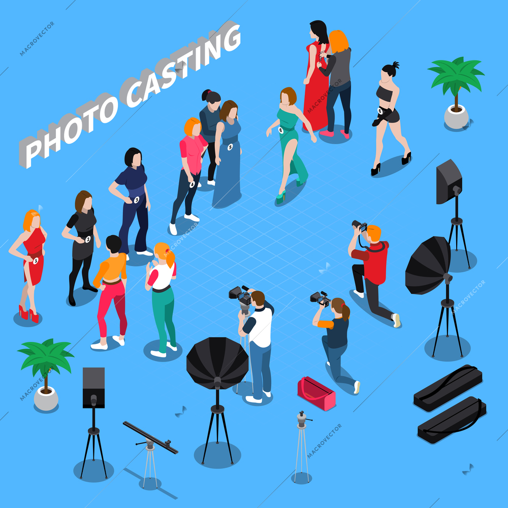Photo casting isometric composition  with girl models, photographers with professional equipment on blue background 3d vector illustration