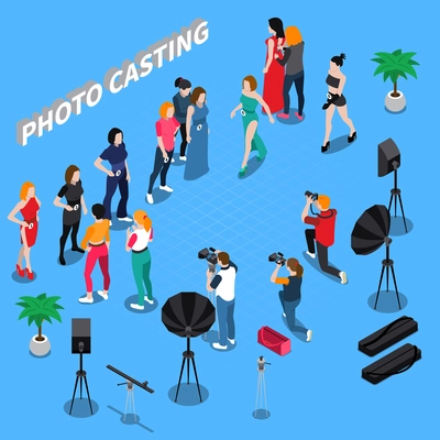 Photo casting isometric composition  with girl models, photographers with professional equipment on blue background 3d vector illustration