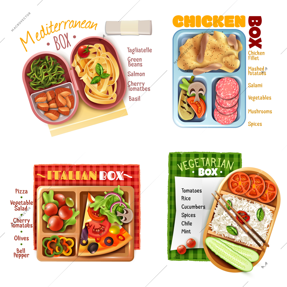 Design concept with mediterranean, italian, vegetarian and chicken boxed lunch with ingredients list isolated vector illustration