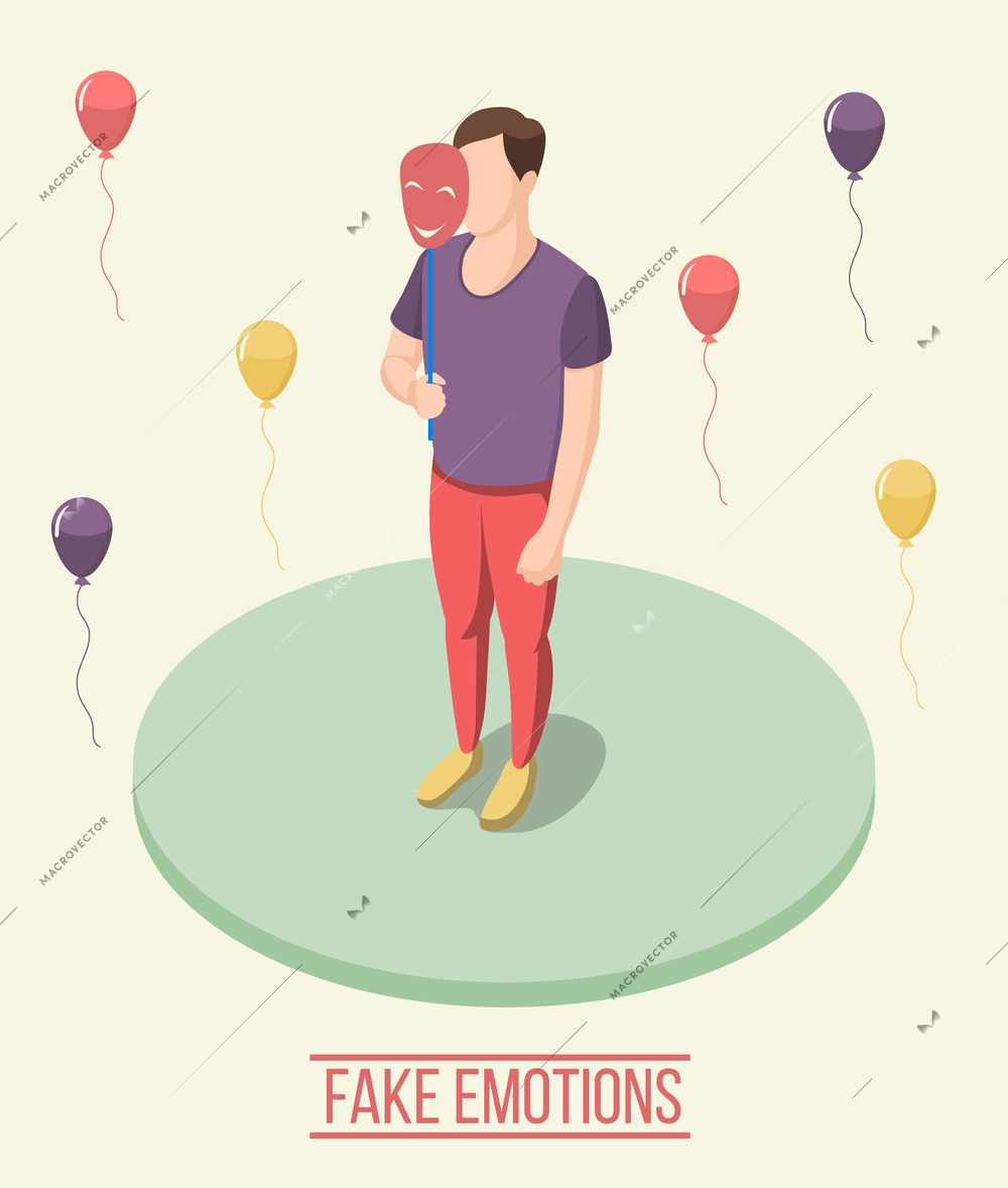 Fake emotions isometric composition including man with smiling mask on green round platform, colorful balloons vector illustration