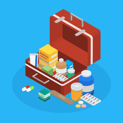Pharmaceutical production medicine packages pills tablets mixture potions capsules samples in open suitcase isometric background vector illustration