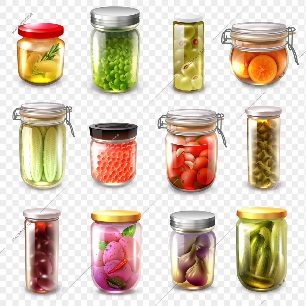 Set of canned goods including garlic, olives, tomatoes, oranges, caviar, cucumbers isolated on transparent background vector illustration