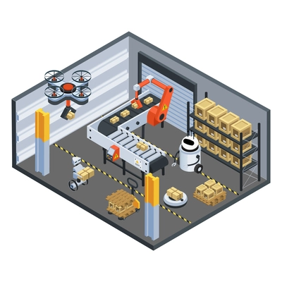 Automatic logistics delivery facility isometric composition with drone conveyor belt and robotic arm sorting parcels vector illustration