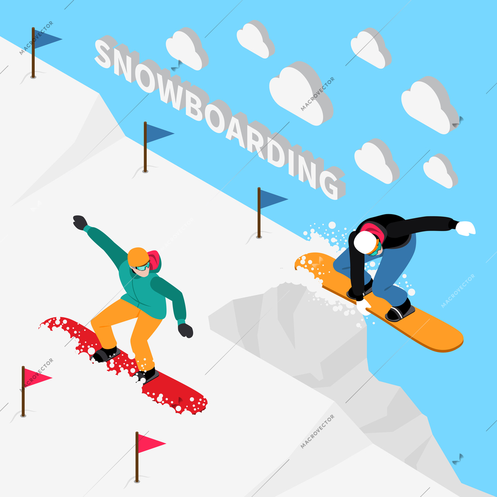 Winter sport isometric people composition with snowboard rider people characters in uniform with 3d text and clouds vector illustration