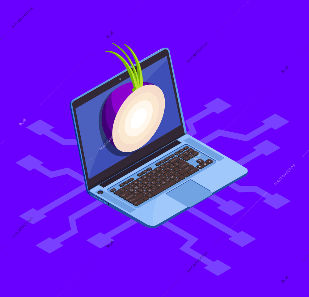 Data encryption cyber security isometric composition with isolated image of laptop computer and tor onion network vector illustration