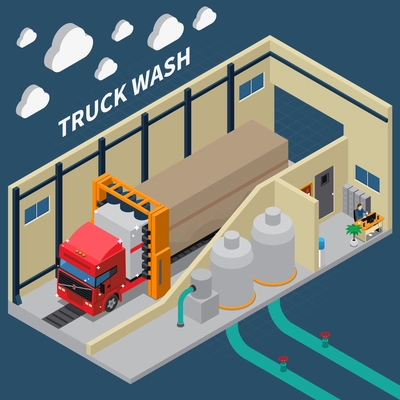 Isometric composition with shiny truck after automatic wash, cleaning equipment, interior elements on blue background vector illustration