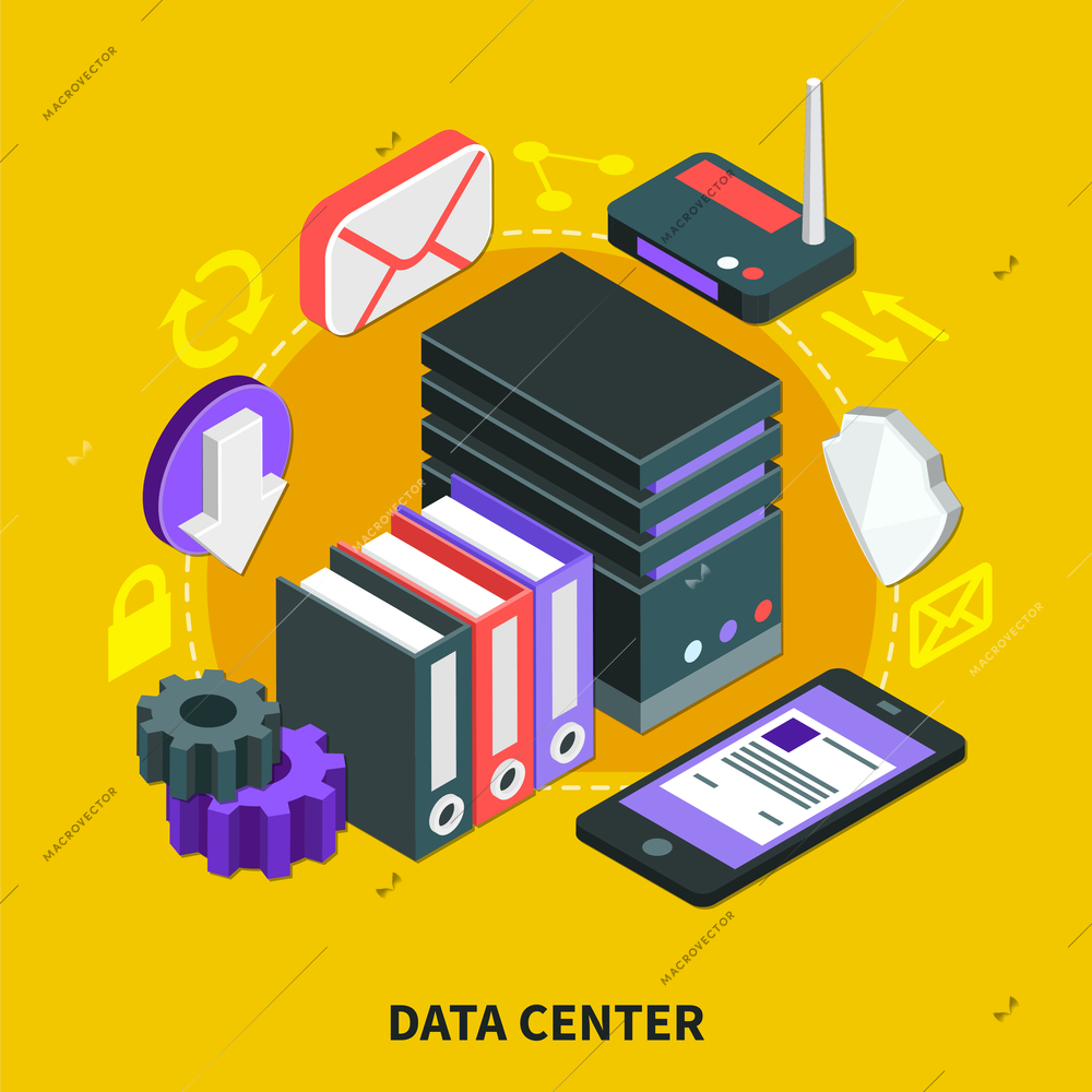 Data center design concept set of smartphone email hardware lock wifi router  isometric icons 3d vector illustration