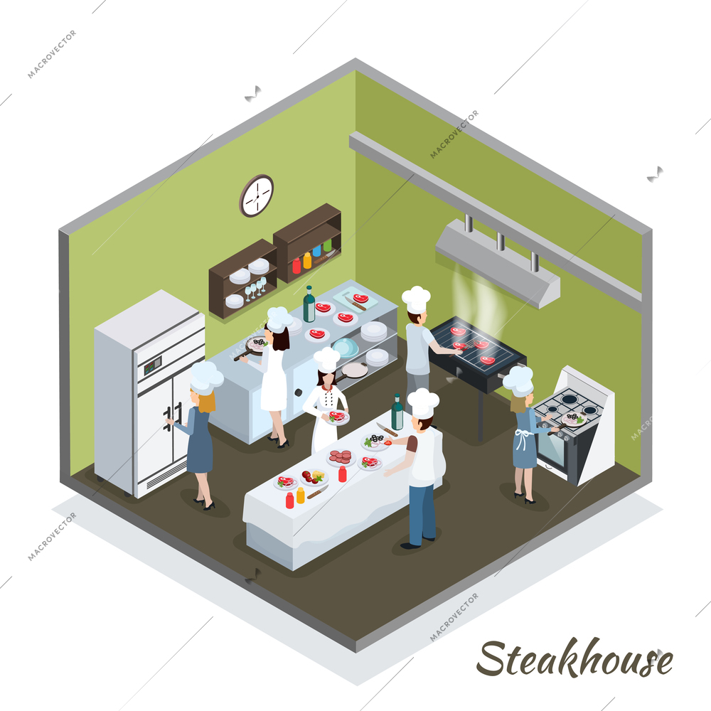 Steakhouse professional kitchen interior isometric composition with commercial refrigerator and chefs cutting grilling frying meat vector illustration