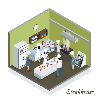 Steakhouse professional kitchen interior isometric composition with commercial refrigerator and chefs cutting grilling frying meat vector illustration