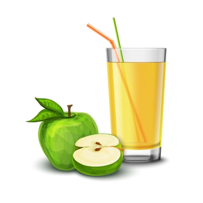 Realistic glass full of juice drink with cocktail straw and apple isolated on white background vector illustration