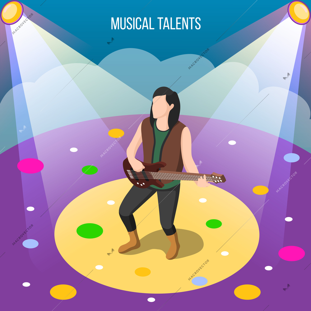 Musical talents isometric composition with guitarist during performance under spotlights on stage with color circles vector illustration