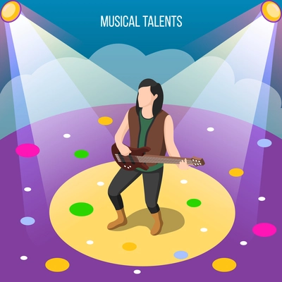 Musical talents isometric composition with guitarist during performance under spotlights on stage with color circles vector illustration