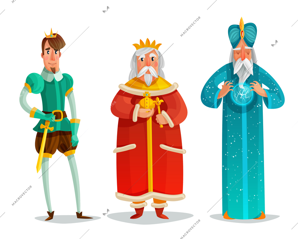 Royal characters cartoon set including prince with sword, king, wise man with energy ball isolated vector illustration