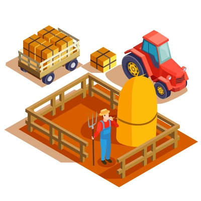 Gardener isometric composition with agrimotor pulling cart and farmer with pitchfork and haymow in fenced area vector illustration