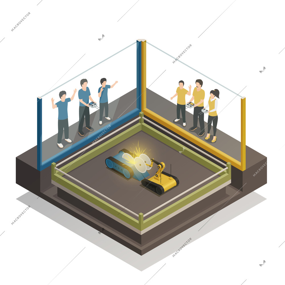 Fighting robots exhibition design concept with teens controlling remotely for two iron monsters isometric vector illustration
