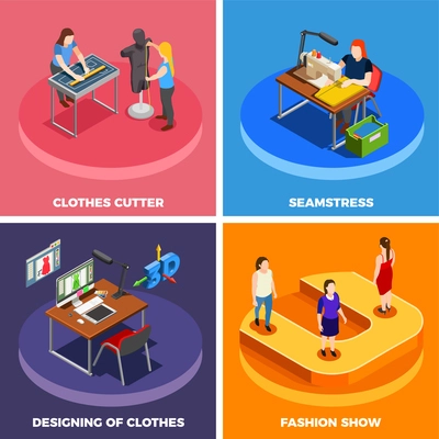 Fashion clothing manufacturing concept 4 isometric icons square with designing cutting sewing and mode show isolated vector illustration