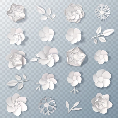 Set of realistic delicate white paper flowers and leaves isolated on transparent background 3d vector illustration