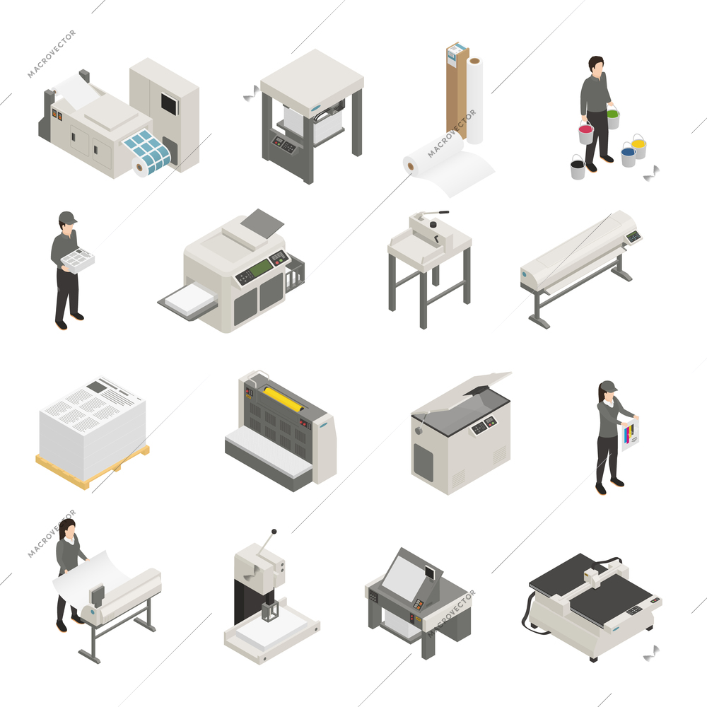 Printing house equipment and personnel isometric icons collection with inkjet laser screen offset printers isolated vector illustration