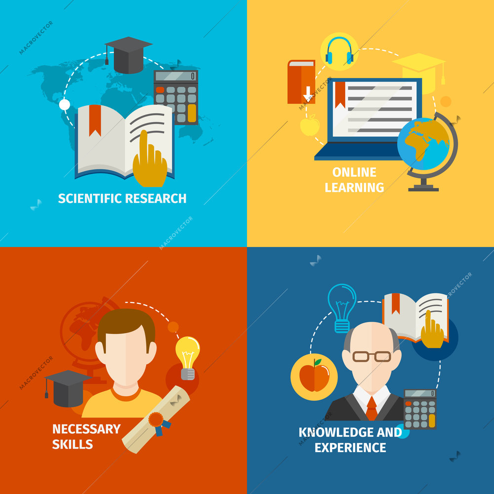 E-learning scientific research knowledge and experience flat icons set isolated vector illustration