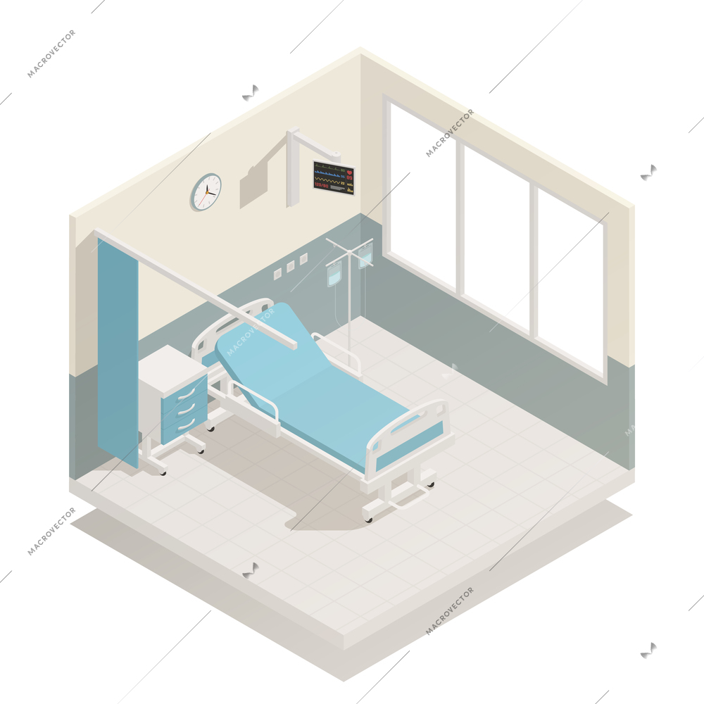 Hospital ward with medical equipment furniture isometric composition with bed infusion and room dividing curtain vector illustration