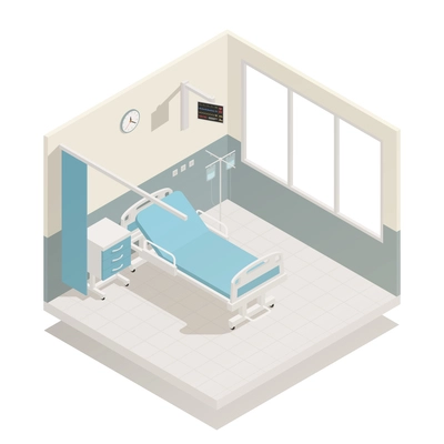 Hospital ward with medical equipment furniture isometric composition with bed infusion and room dividing curtain vector illustration