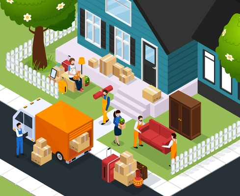 Relocation isometric composition with people and stuffs near house, loading furniture and boxes in truck vector illustration