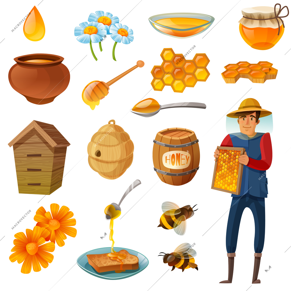 Honey in various containers cartoon set including beekeeper with honeycombs, bees, hives, droplet, flowers isolated vector illustration