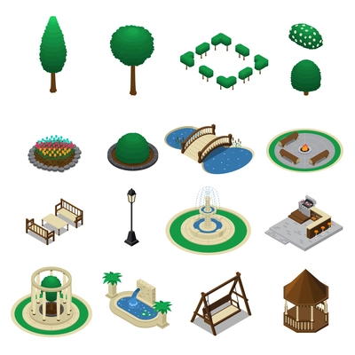 Isometric landscape design constructor elements collection of isolated garden park elements trees benches and shelter shed vector illustration