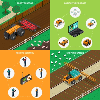 Agriculture robot modern technology isometric 2x2 design concept with images of android driven agrimotors with text vector illustration