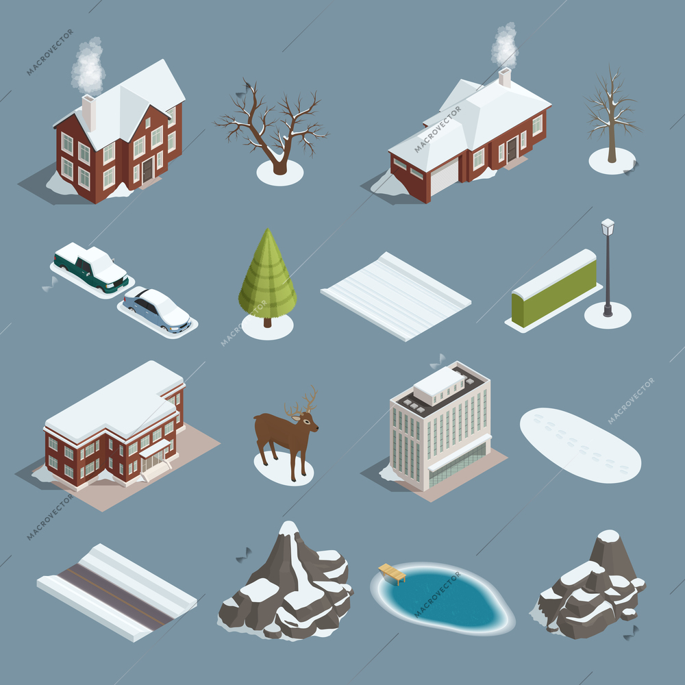 Winter landscape isometric elements set with buildings trees deer rocks mountains pond lake vehicles isolated vector illustration