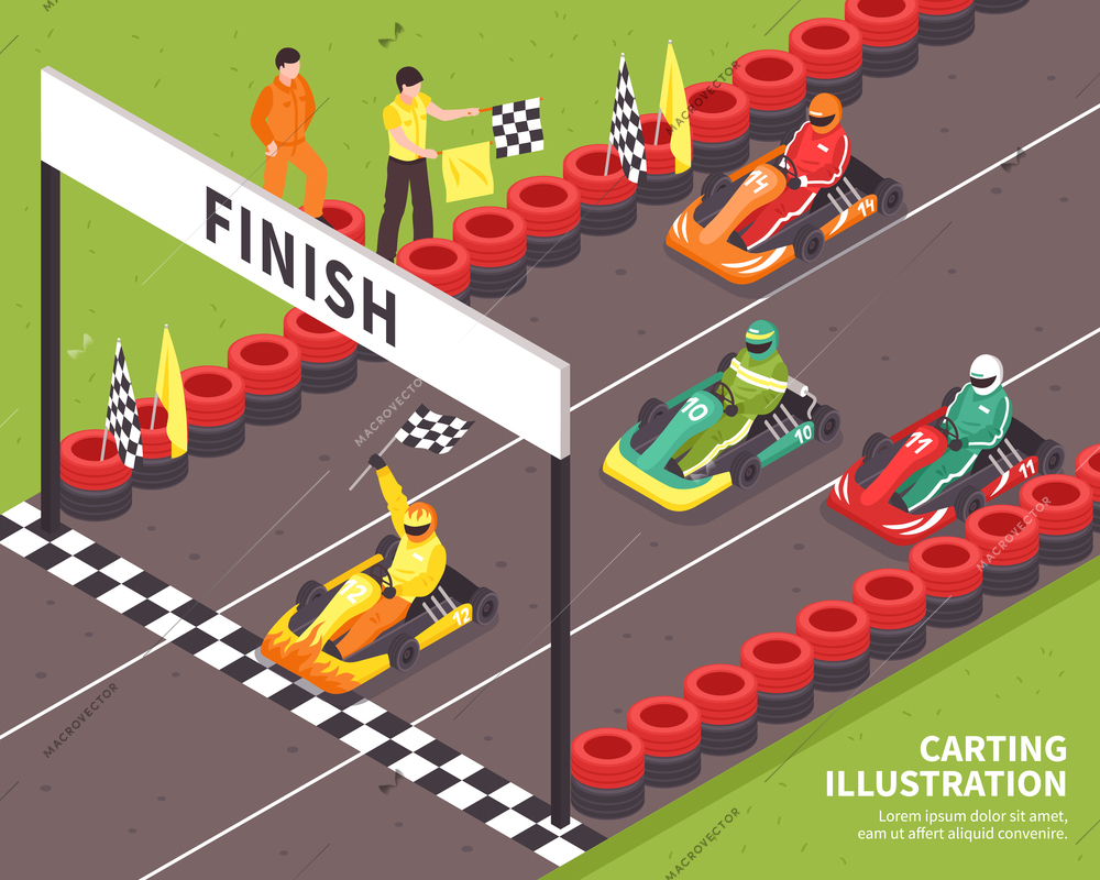 Isometric carting composition with view of outdoor race course and racing drivers riding carts with text vector illustration