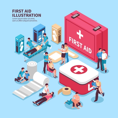 Isometric first aid composition with conceptual images of medicine box and its contents with human characters vector illustration